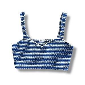 ZARA Knit Crop Top Medium Blue White Striped Sleeveless Tank Cami Festival Retro